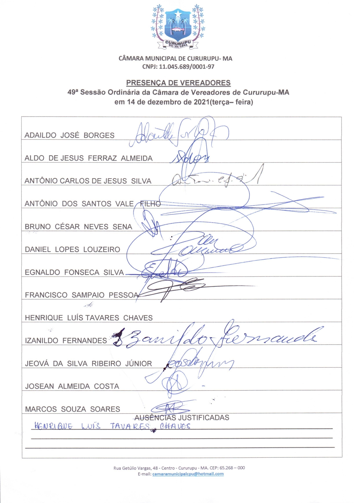 49ª SESSÃO ORDINÁRIA 14 DE DEZEMBRO DE 2021